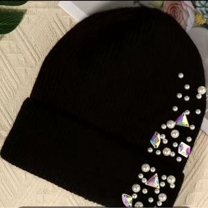 Women’s Faux Pearl & Rhinestones Knit Black Beanie
